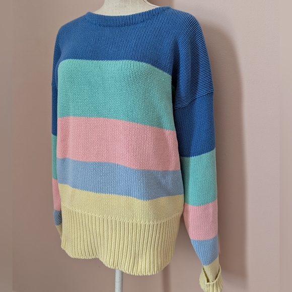 💙 Vintage Ralph Lauren Spring 1987 Cotton Unisex Multicolor Striped Sweater, M - Picture 5 of 16